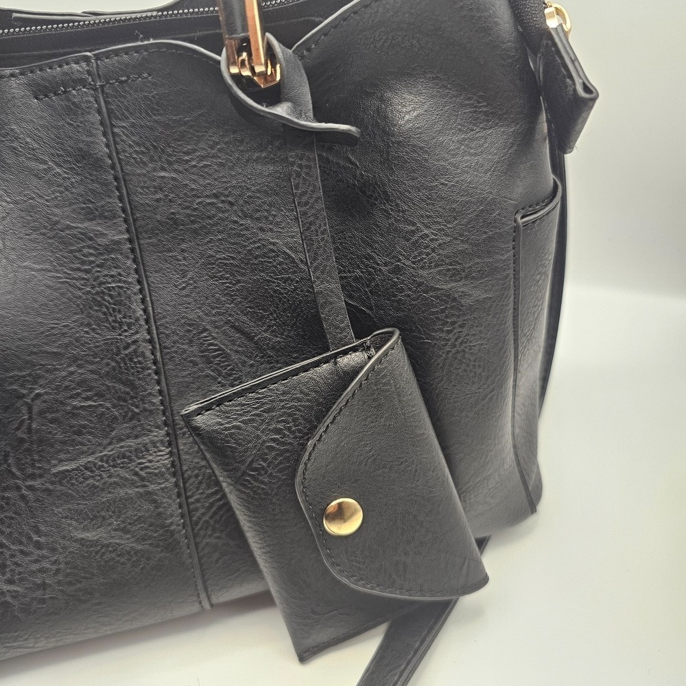 Womens Black Tote Handbag Crossbody Three division side pockets removable straps - Picture 5 of 11
